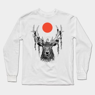 deer in wildlife with cute bird and red moon Long Sleeve T-Shirt